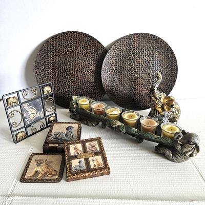 Lot of Elephant Theme Decor! Coasters, Picture Frame, Candle Holder & Two Animal Skin Chargers