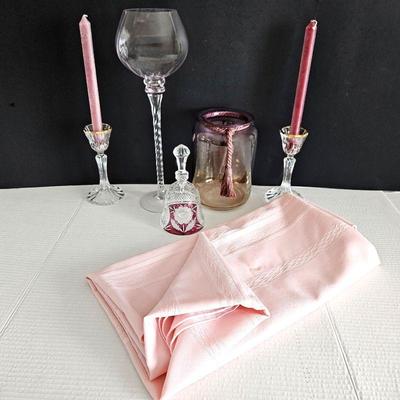 Pink Lover's Lot!  Pink Tinted Glass - Cut Crystal Bell - Pink Tablecloth & Tapers