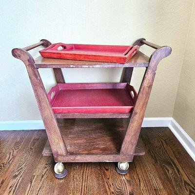 Antique Wooden Tea Cart w/ Three Levels, On Wheels - Includes Three Red Serving Trays