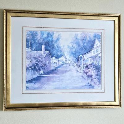 Wall Art Pastel Watercolor (Print) Shows Tranquil Village Street Scene in Gold Frame 44