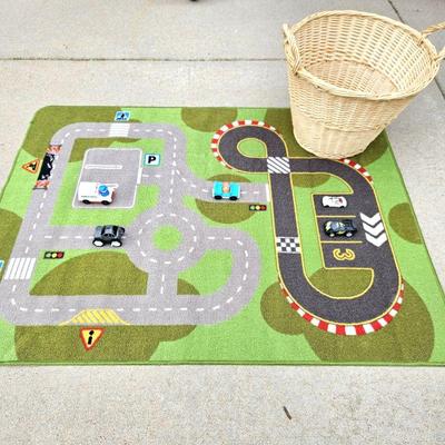  Child's Road/Race Track Play Mat Rug with Assorted Cars and Large Storage Basket for Toys