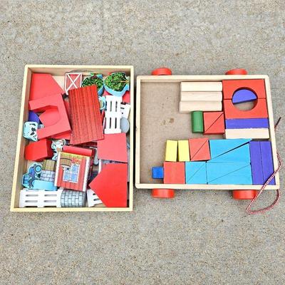 Set of Two Melissa & Doug Wood Play Sets - Barn Yard Set Up and Colorful Block for Building