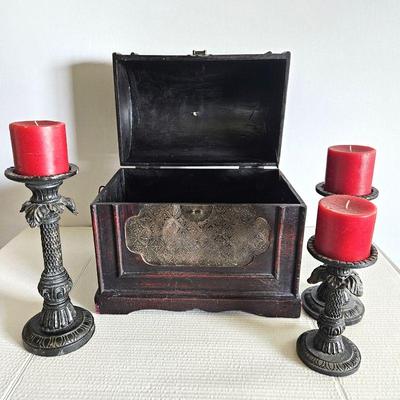 Ornate Wood Storage Box w/ Hinged Lid Plus Three Pillar Candle Holders with Palm Leaf Theme