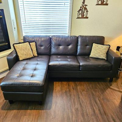 Brown Faux Leather Sectional Sofa with Lounger in Very Good Condition!
