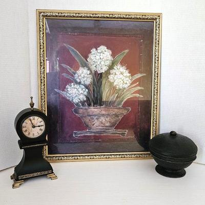 Wall Art Print Plus Unique Table Clock and Ornate Black Lidded Bowl with Gold Color Inside