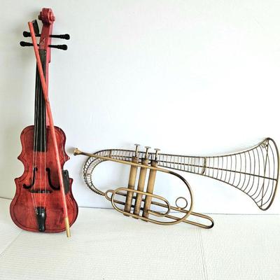 Set of Two Musical Instrument Wall decor - Red Wood Violin and Wire Tuba
