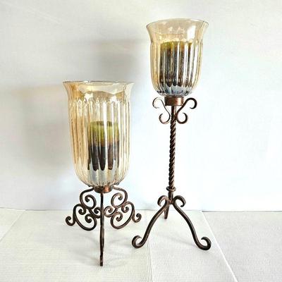 Two Beautiful Pillar Candle Holders on Wrought Iron Ornate Stands w/ Amber Colored Glass 