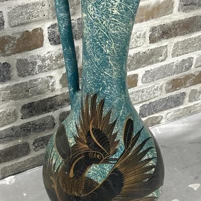 Turquoise & Brown Floor Pitcher Vase w/ Faux Grass