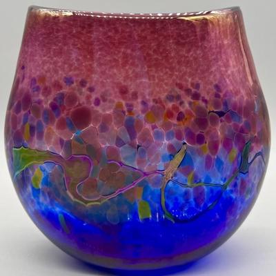 Robert Held Blown Art Glass Blue Pebble Flat Vase