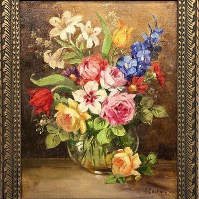 Signed Floral Oil Painting on Canvas in Gold Frame