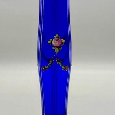 Vtg. Cobalt Blue Bud Vase w/ Hand Painted Flowers