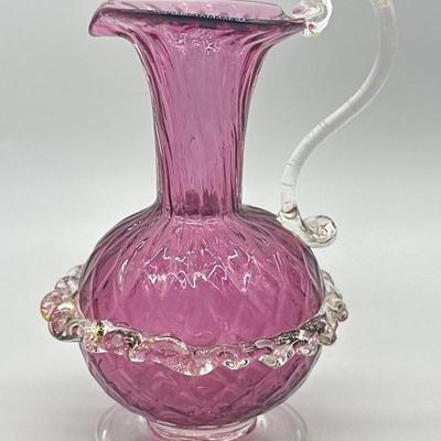 Cranberry Art Glass Pitcher Vase w/ Applied Handle