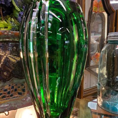 Bohemian large glass green vase