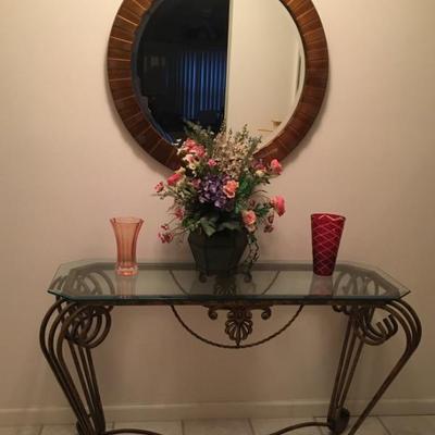 Long glass-top entranceway  table w/ wrought-metal base and round beveled wall mirror (heavy, wood)
