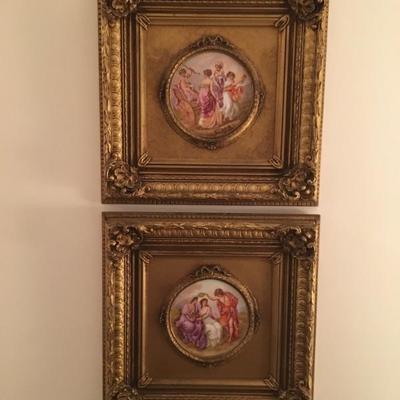 Gilt-framed porcelain medallions, French/Italian Savres