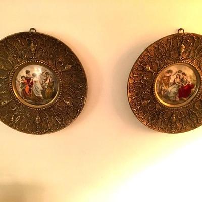 Ceramic, round, brass-framed  small painted wall art pieces, made in Spain