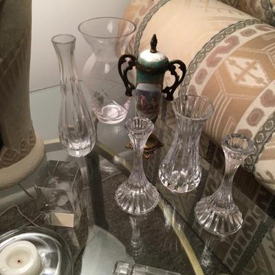 Cut and pressed crystal vases, candleholders, etc.