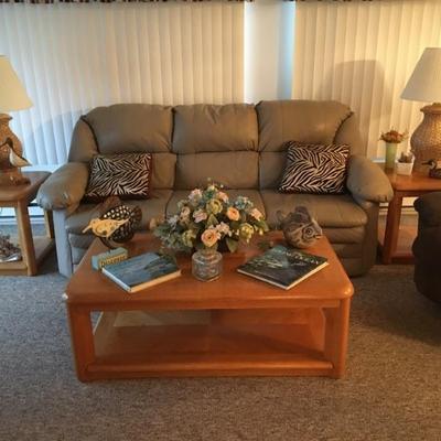 Leather sleeper-sofa (queen) & set of 3 solid wood living room tables (rolling coffee table & 2 stationary end tables)