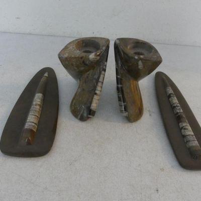 Vintage Polished Orthoceras Fossil & Twisted Candlestick Holder Pair - 2 Sets