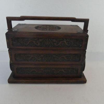 Antique Intricately Carved Chinese Huanghuali (Fragrant Rosewood) 3-Tier Carry Case - 