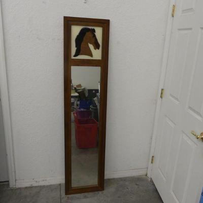 Vintage 2000 Wood Framed Wall Mirror with Fused Glass Horse Head Top - 15¾