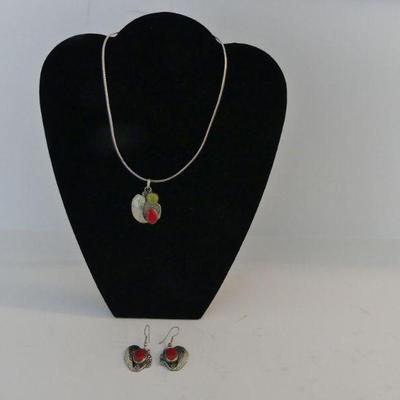 Vintage Mojave Green Turquoise & Coral Pendant & Dangle Earring Set on 15¼