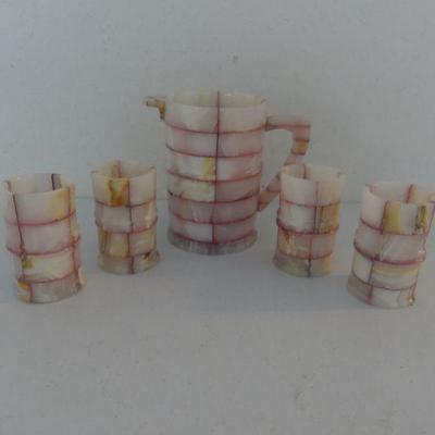 Vintage Tessellated Pink Onyx 1-Quart Pitcher & 4 Cups