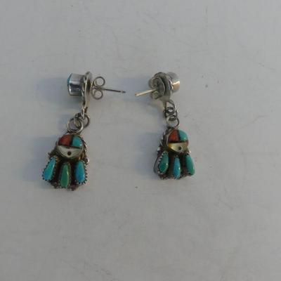 Vintage Ernest A. Zunie Native American Zuni Sterling Double Sunface Inlay Dangle Post Earrings - TW 4.6g