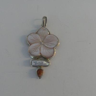 Vintage Kathy's Collection Sterling/Mother-of-Pearl Hibiscus Pendant