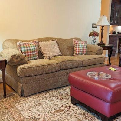 Nice 3 cushion sofa, red leather ottoman
