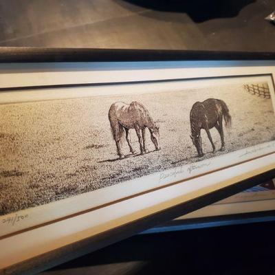 Wild Draft Horses in Japan 
“Peaceful Afternoon” 
Signed Etching by Hiroto Norikane (b. 1949) Signed numbered 432/500
