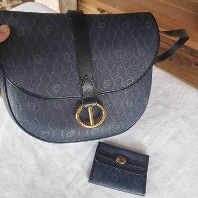 Vntg. Christian Dior Navy Honeycomb Crossover Bag and coin purse.
