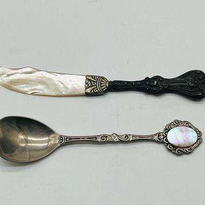 Antique Sterling Silver Mother of Pearl Caviar Knife & EPBM Spoon
