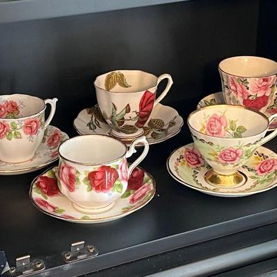 (5) Rose Teacups & Saucers in Pink & Green
