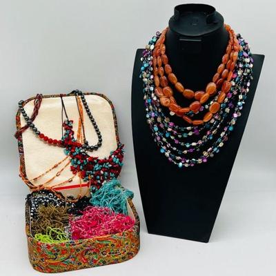 Jewelry Box Full of Beaded & Stone Necklaces
