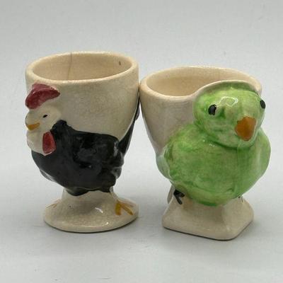 (2) Antique Parrot & Rooster Ceramic Egg Cups
