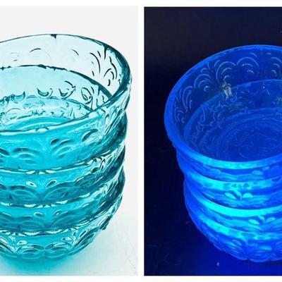 (4) UV Reactive Glass Turquoise Butterfly Condiment Dishes

