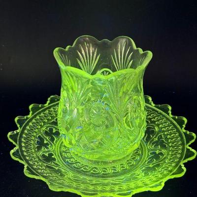 Antique Crystal Glass Vase & Clear Glass Floral Dish UV REACTIVE
