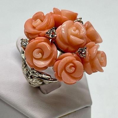 Rarities Vintage Sterling Silver & Carved Coral Rose Bouquet Ring Stamped 925
