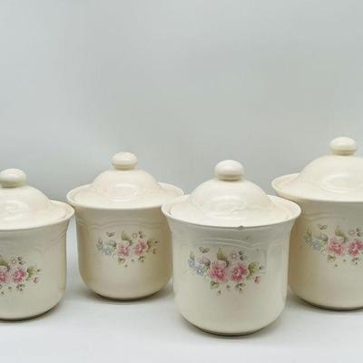 (4) Vintage Tea Rose Pfaltzgraff Kitchen Canisters with Lids
Set of four lidded canisters in graduated sizes 504, 503, 502, 501...