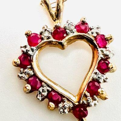Vintage 10K Gold Sparkling Diamond & Ruby Heart Pendant
