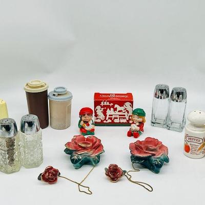 Vintage Salt & Pepper Shaker Collection and 1950's Rose Hugger Candlesticks
