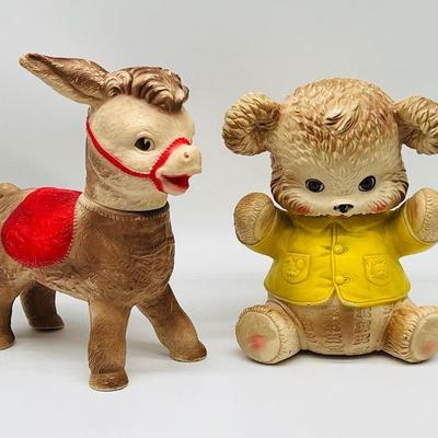 (2) 1960’s Edward Mobley Buster Bouncing Baby Bear & Sun Rubber Donkey Squeak Toy
Super cute and kitschy! Both squeakers work. A bit of...