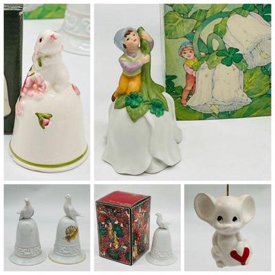 (6) Vintage Porcelain Bells incl. Avon 1983 Elf on Flower Good Luck Bell
These 1981-1984 bells feature doves, flowers, a mouse, a bunny,...