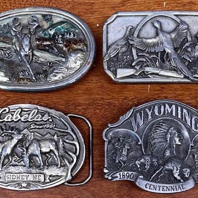 (4) Pewter Belt Buckles - Cabela's 1995, Wyoming 1988, 1983 Bergamot, & Siskiyou Pheasant 