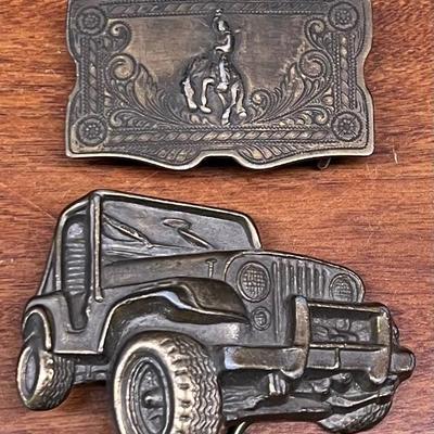 Vintage Small Jeep And Rodeo Brass Belt Buckles 