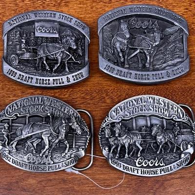 Coors National Western Stock Show 1989, 1990, 1992, & 1993 Limited Edition Pewter Belt Buckles 