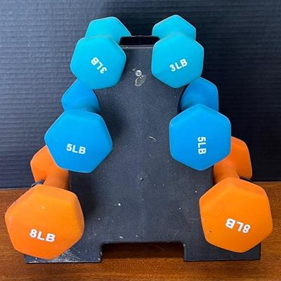 3, 5, & 8 Pound Rubber Coated Dumbbells With Plastic Stand 