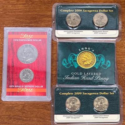 1880's Gold Layered Indian Head Penny, 2 2009 Sacagawea Dollar Sets, And 1978 1979 Dollar Coins