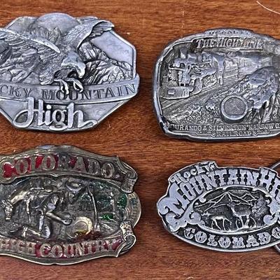 (4) Colorado Brass & Pewter Belt Buckles - Mountain High 1975, High Country 1983, Highline 1986, & More 